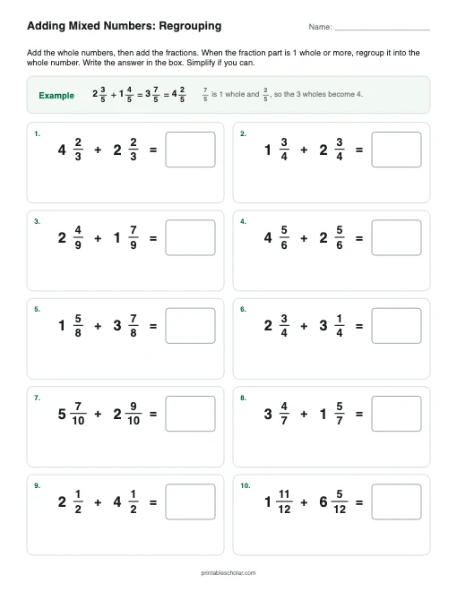 Adding Mixed Numbers: Regrouping printable preview