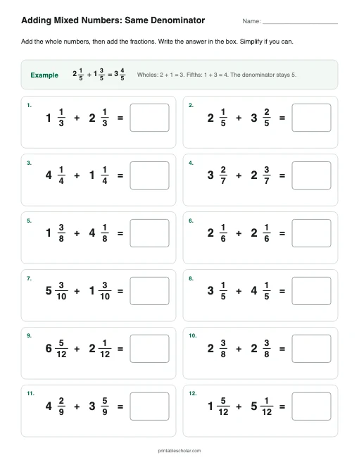 Adding Mixed Numbers: Same Denominator printable preview