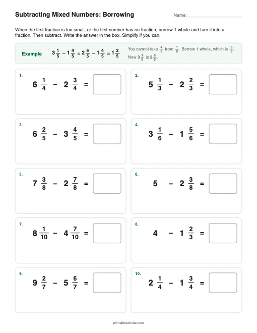Subtracting Mixed Numbers: Borrowing printable preview