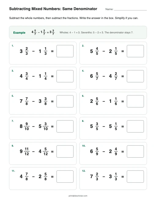 Subtracting Mixed Numbers: Same Denominator printable preview