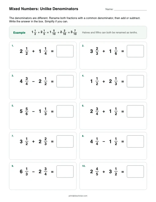 Mixed Numbers: Unlike Denominators printable preview
