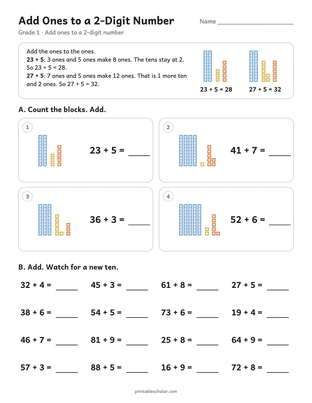 Add Ones to a 2-Digit Number printable preview