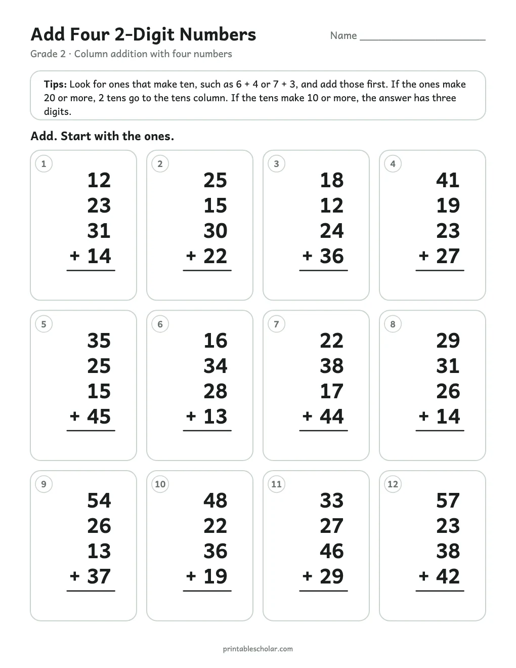 Add Four 2-Digit Numbers printable preview