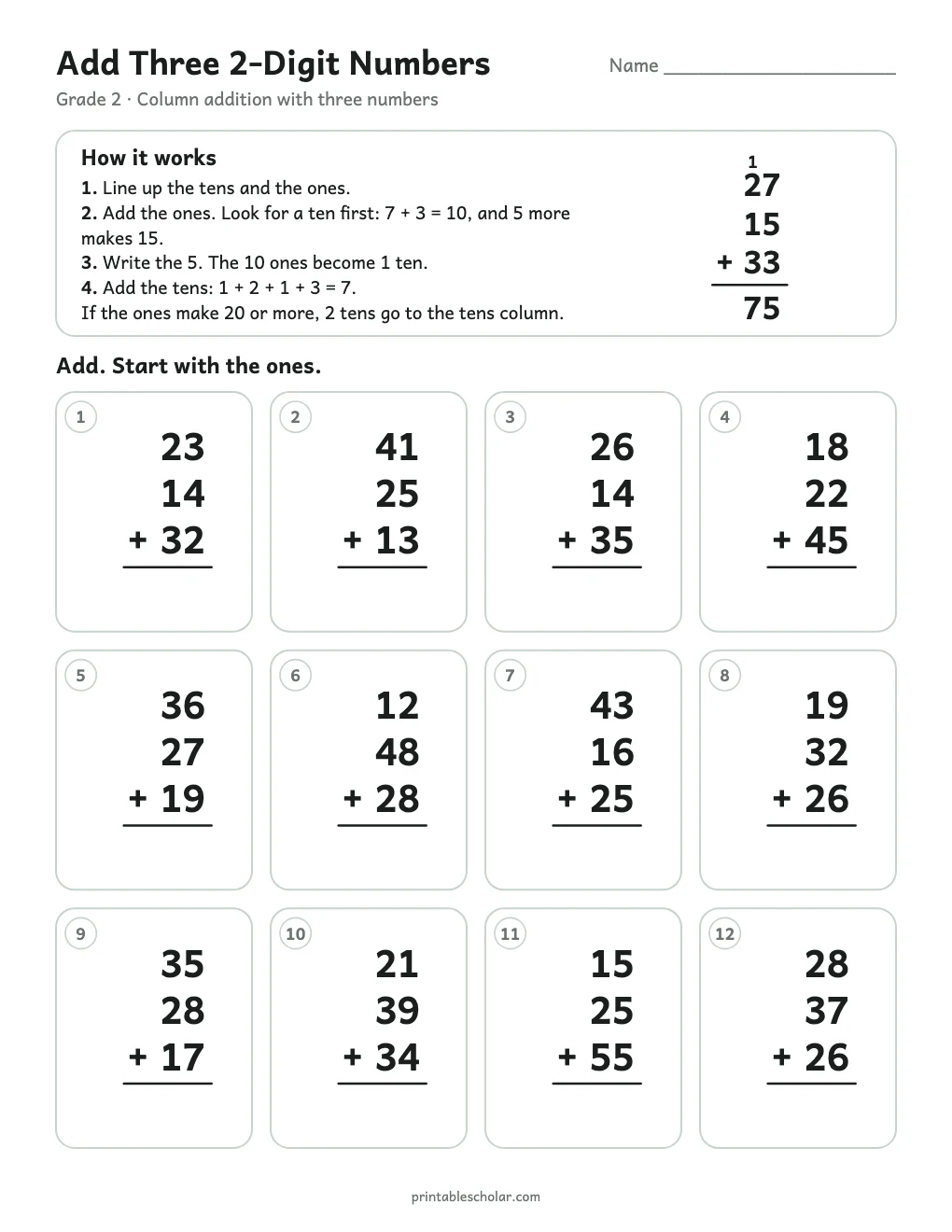 Add Three 2-Digit Numbers printable preview