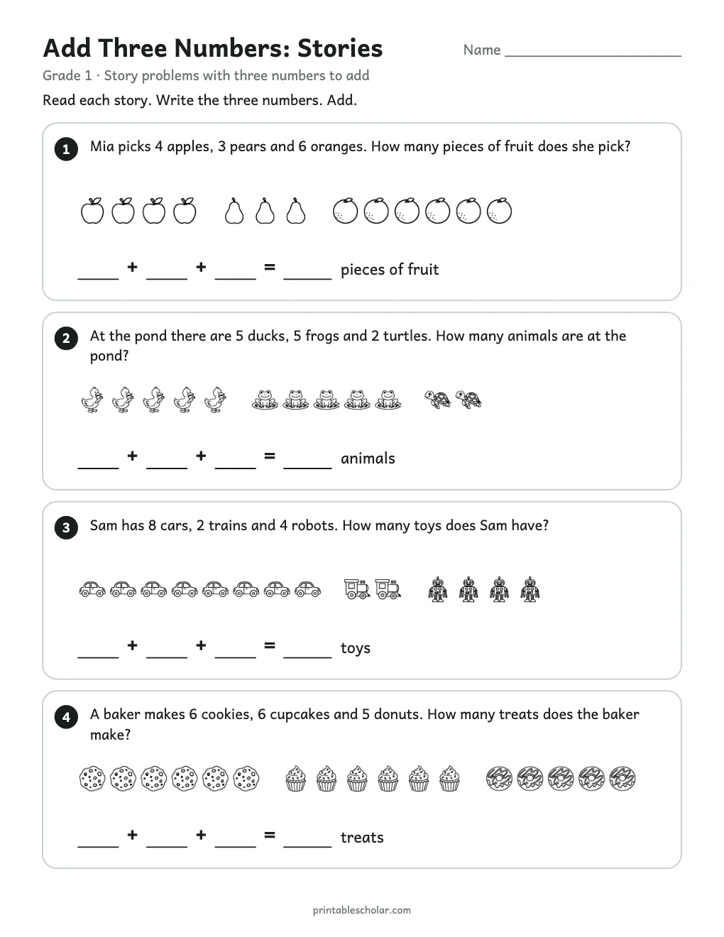 Add Three Numbers: Stories printable preview