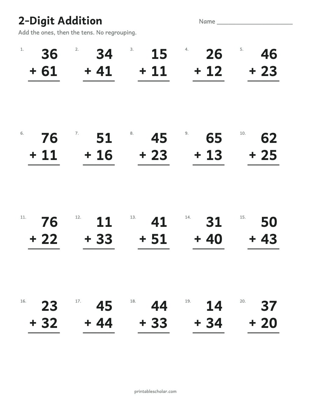 2-Digit Addition (No Regrouping) printable preview