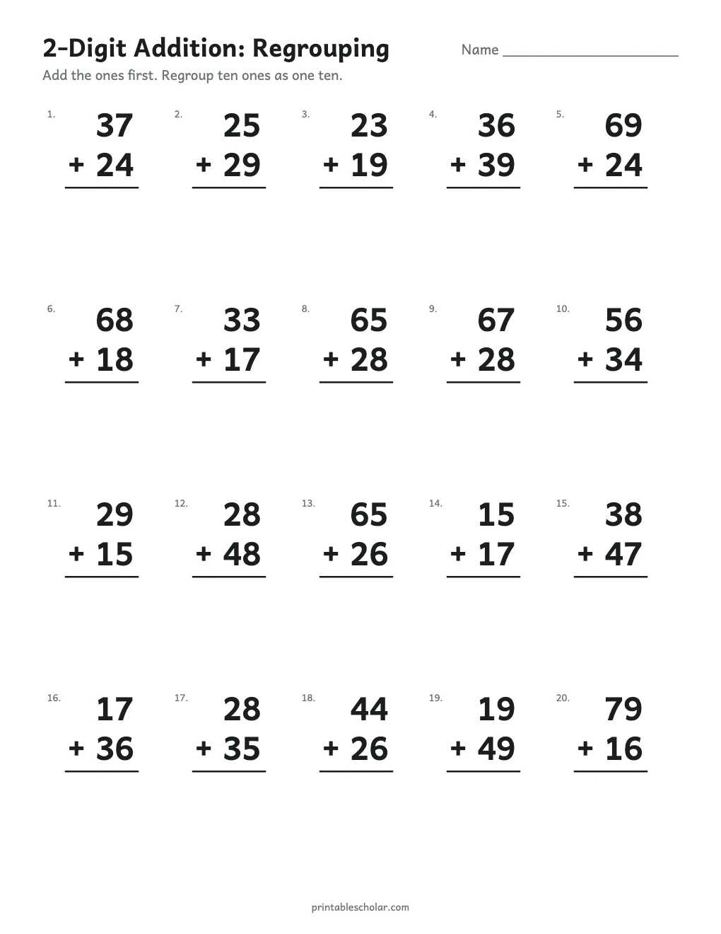 2-Digit Addition with Regrouping printable preview