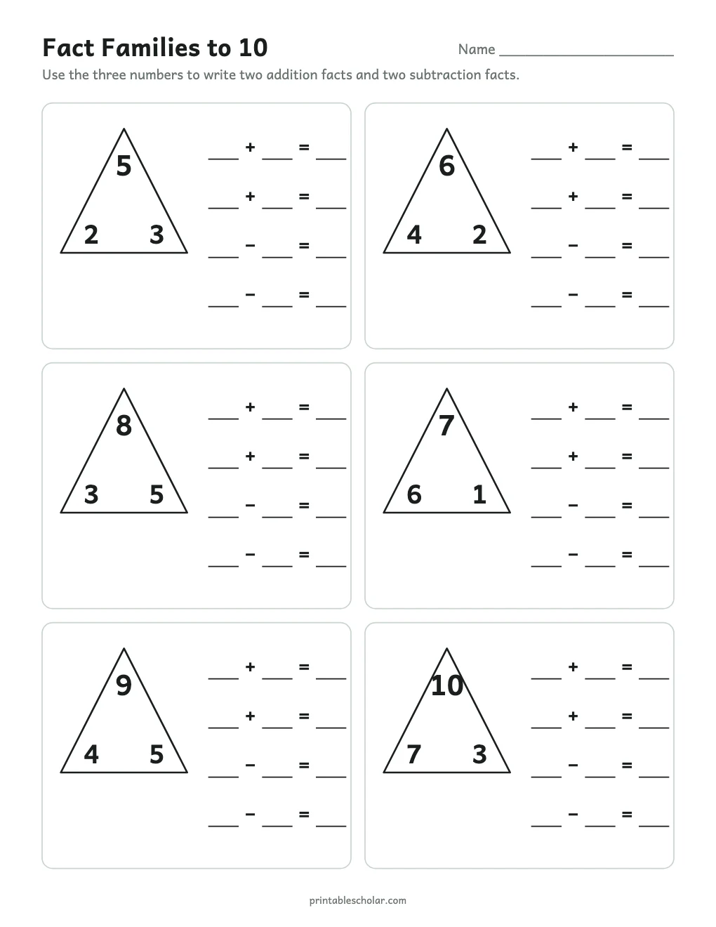 Fact Families to 10 printable preview