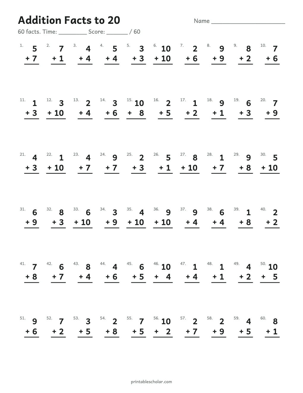 Addition Facts to 20 (60 Problems) printable preview