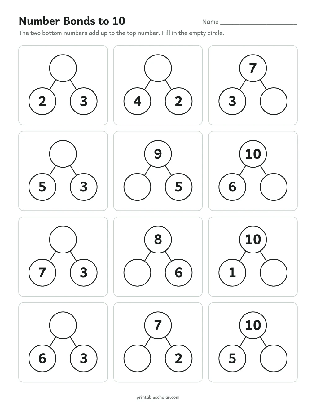 Number Bonds to 10 printable preview