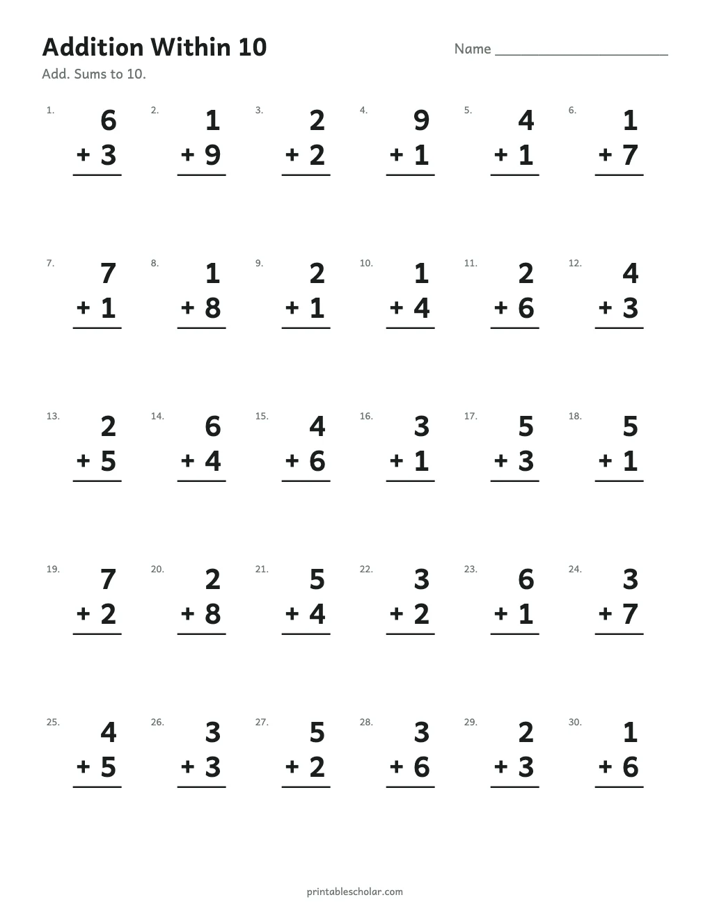 Addition Within 10 printable preview