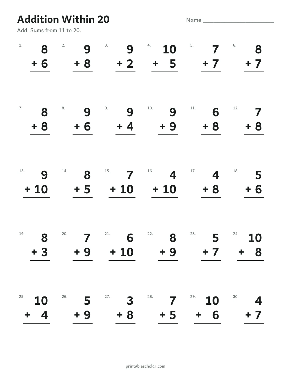 Addition Within 20 printable preview