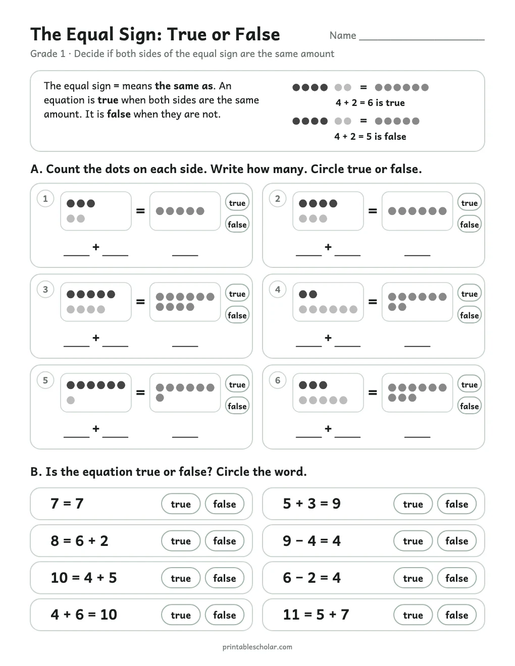 The Equal Sign: True or False printable preview