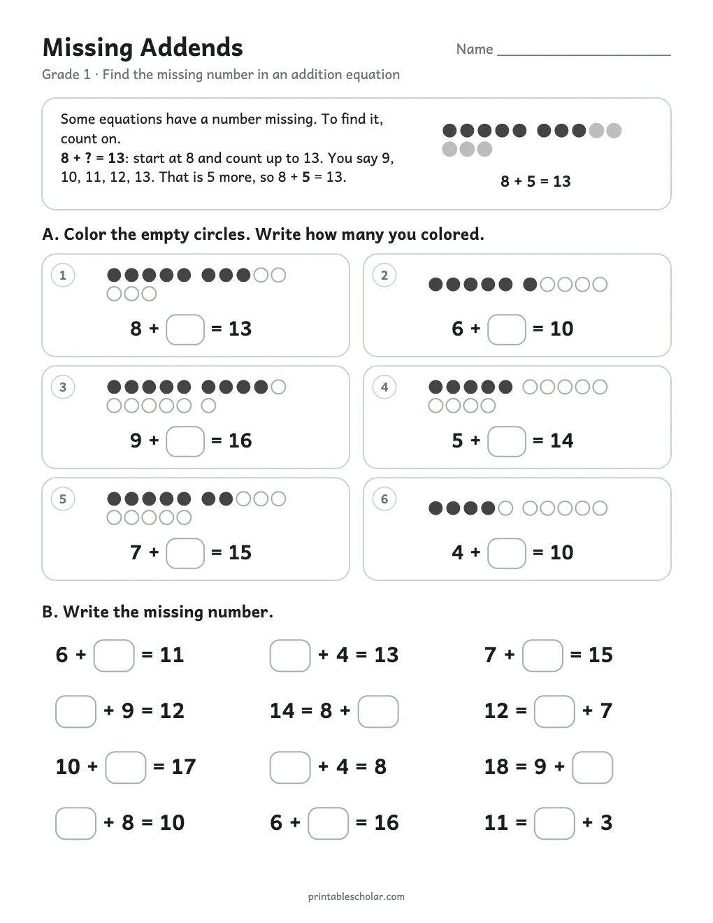 Missing Addends printable preview