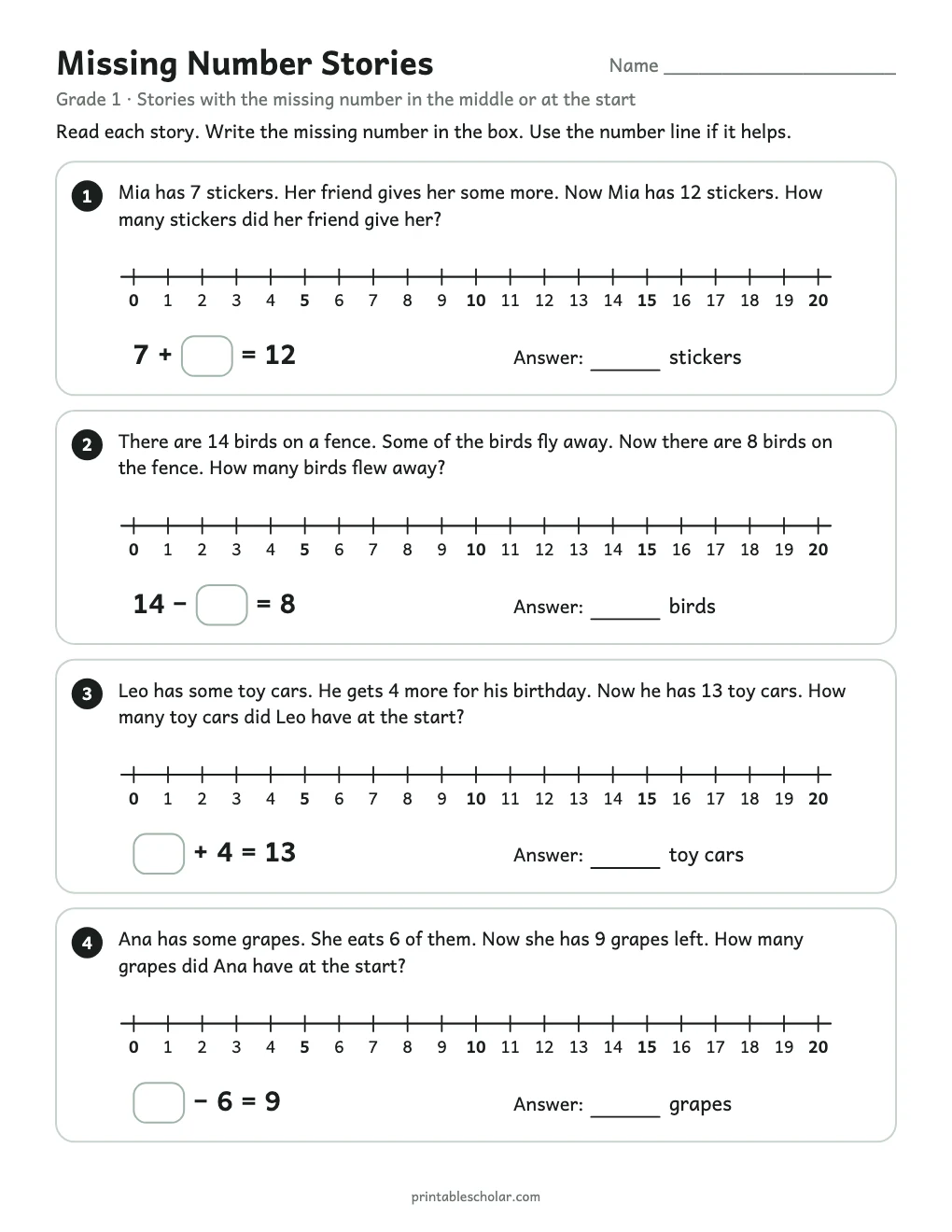Missing Number Stories printable preview