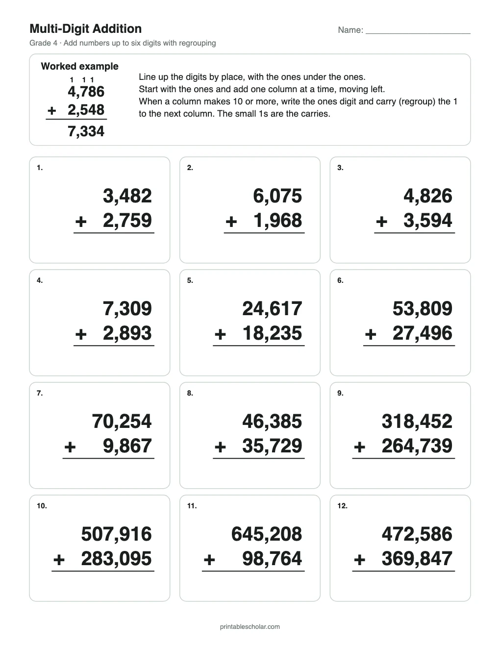 Multi-Digit Addition printable preview