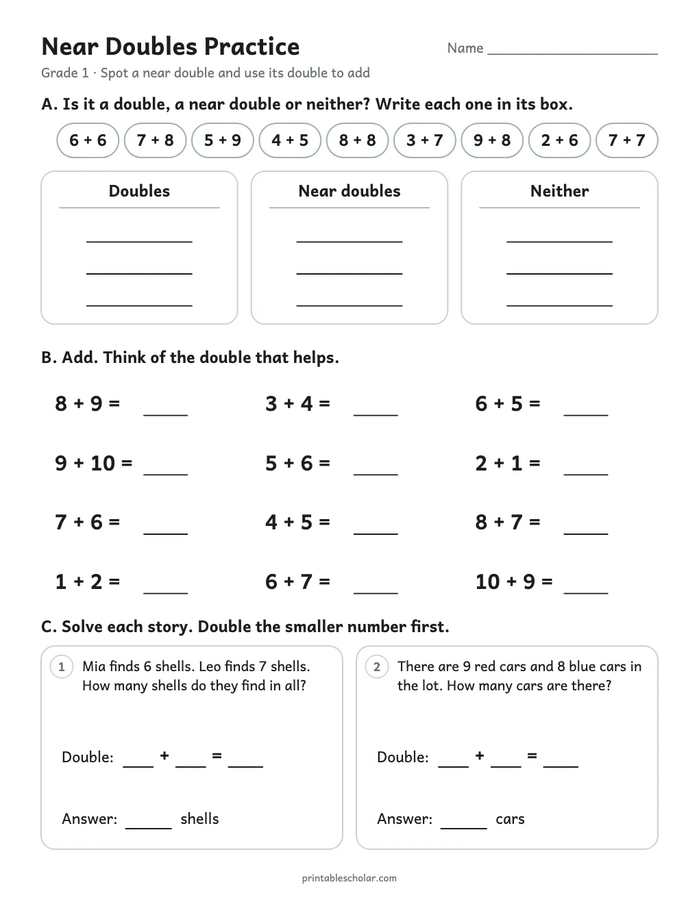Near Doubles Practice printable preview