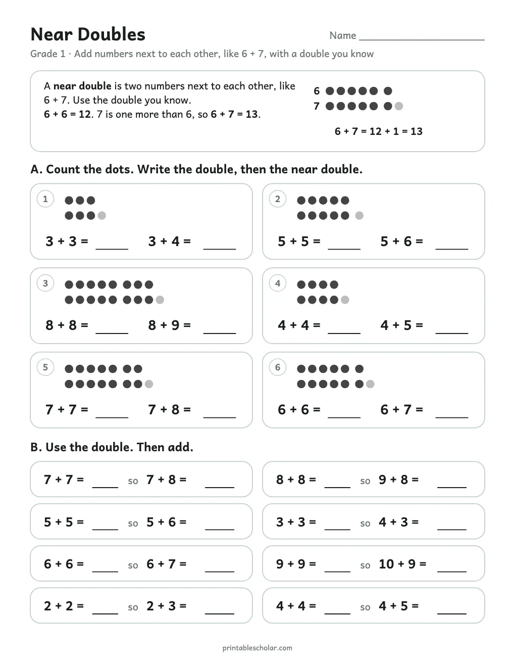 Near Doubles printable preview