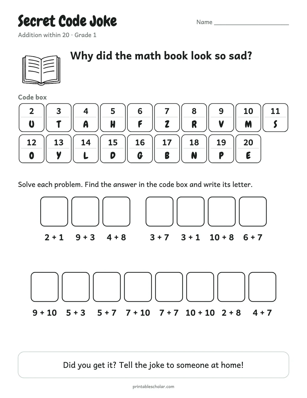 Secret Code Joke: Addition printable preview