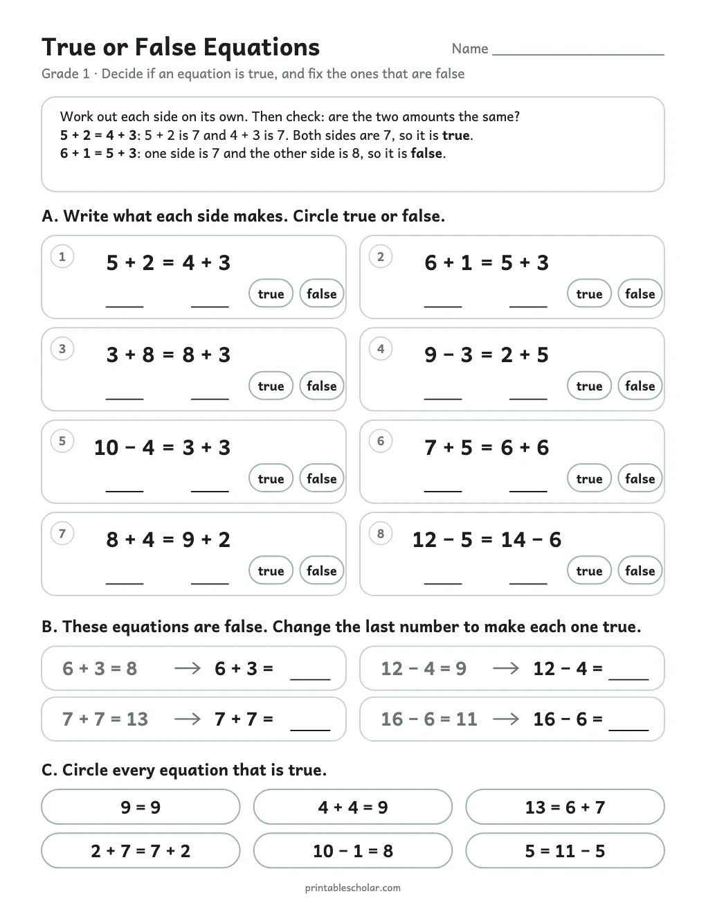 True or False Equations printable preview