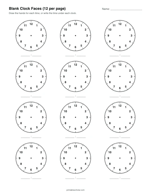 Blank Clocks, 12 per Page printable preview