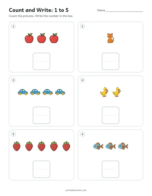 Count and Write: 1 to 5 printable preview