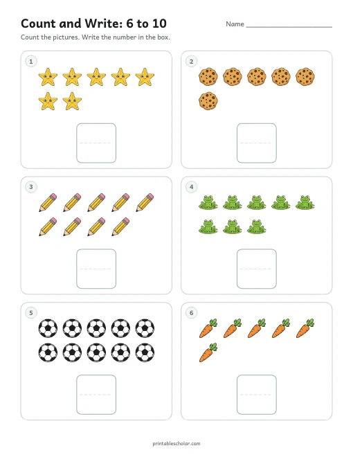 Count and Write: 6 to 10 printable preview