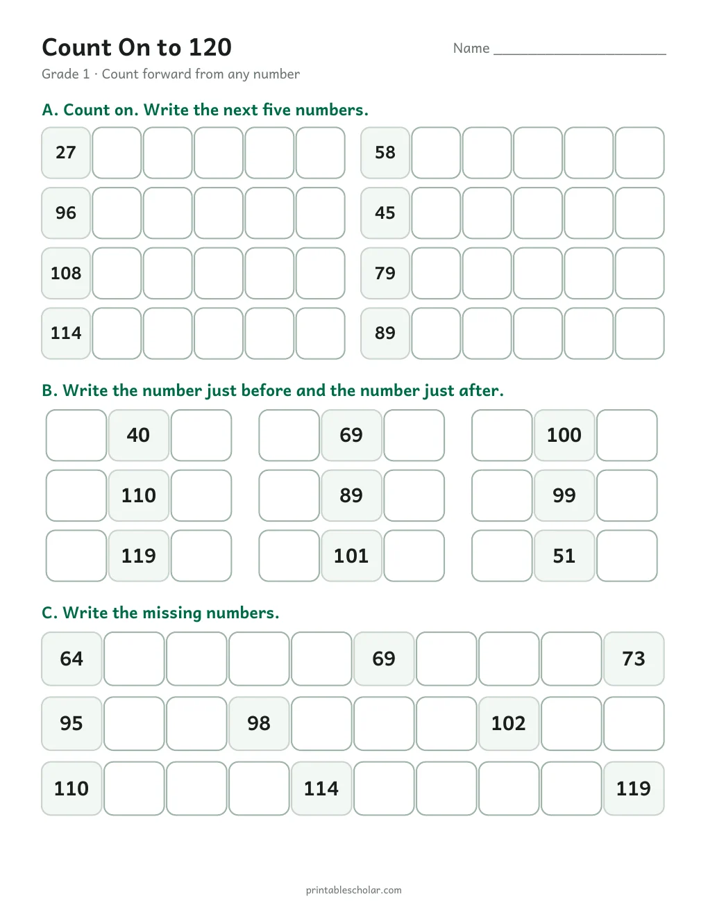 Count On to 120 printable preview