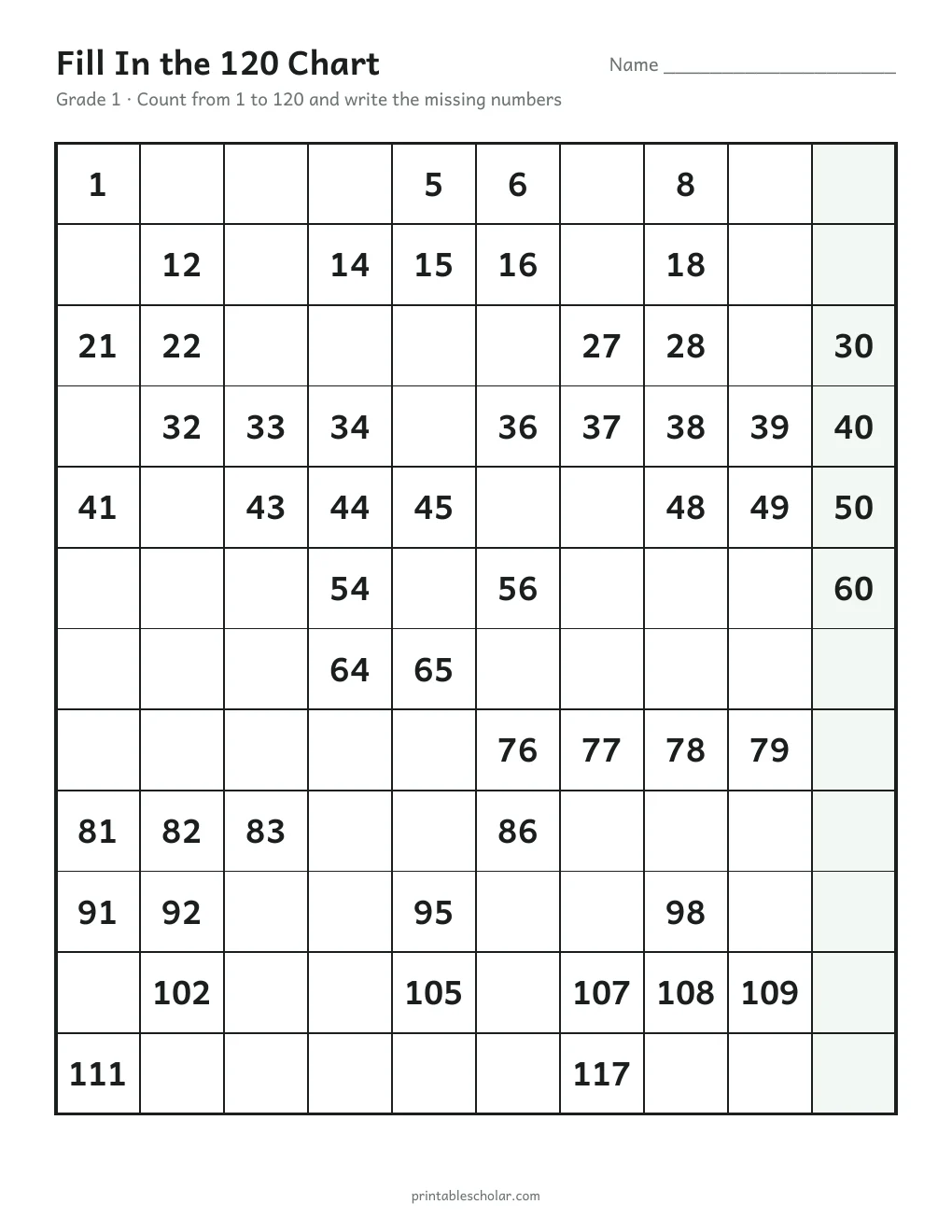 Fill In the 120 Chart printable preview