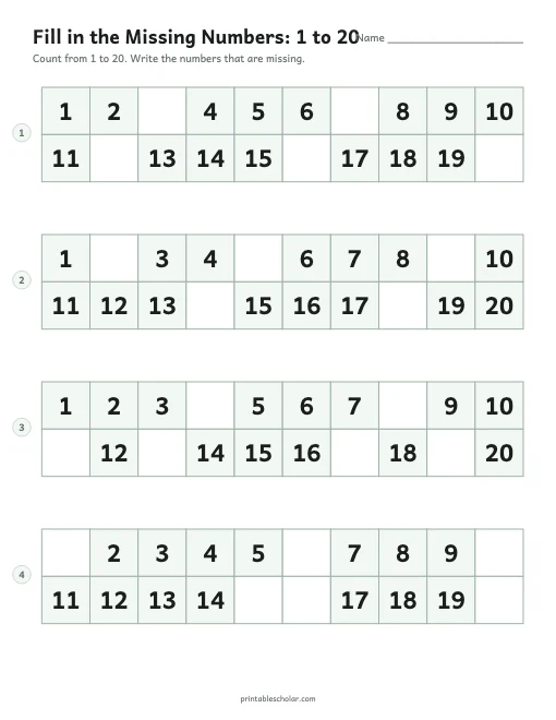 Fill in the Missing Numbers printable preview