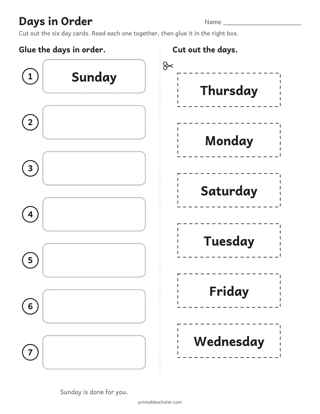 Days in Order printable preview