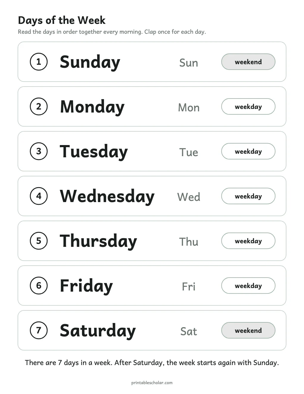 Days of the Week Chart printable preview