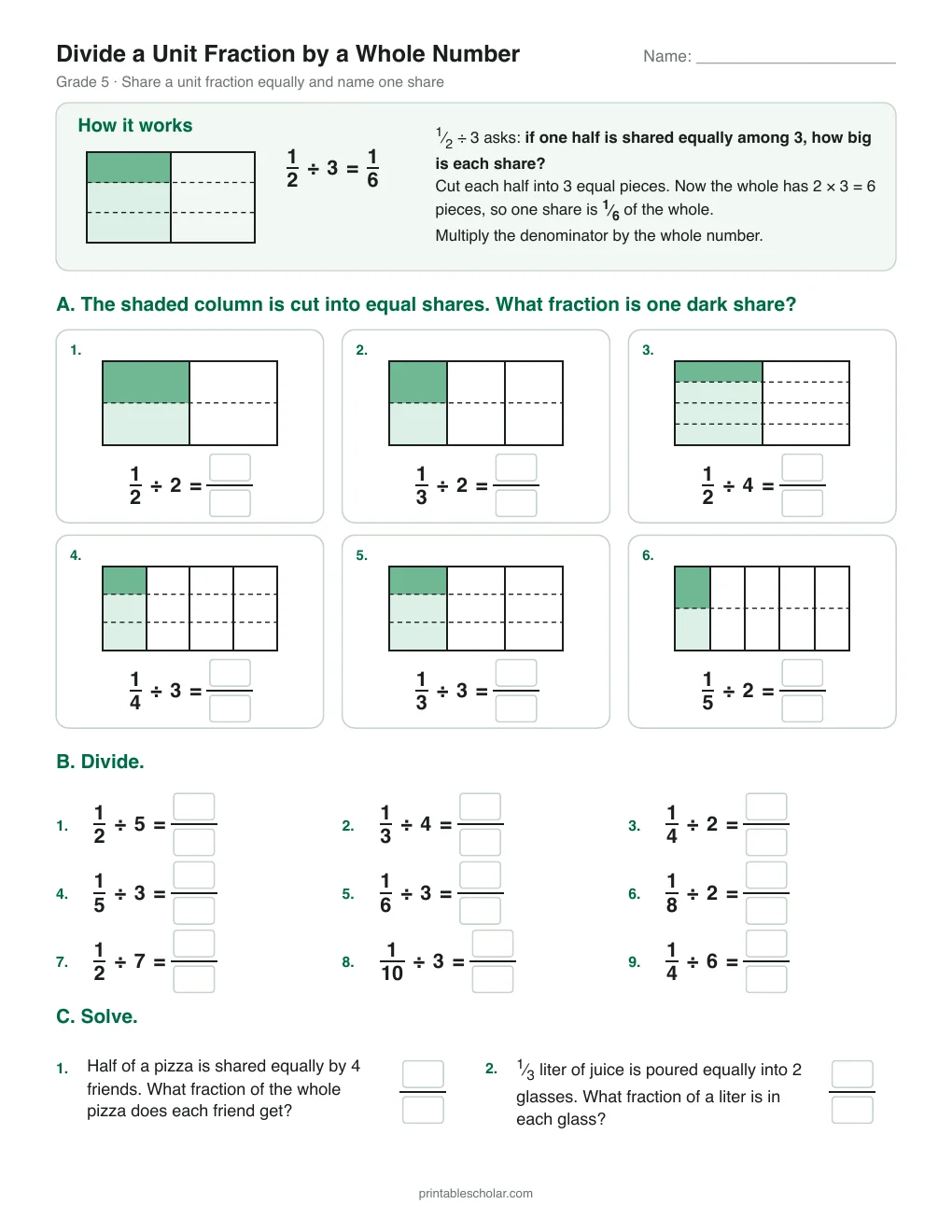 Divide a Unit Fraction by a Whole Number printable preview