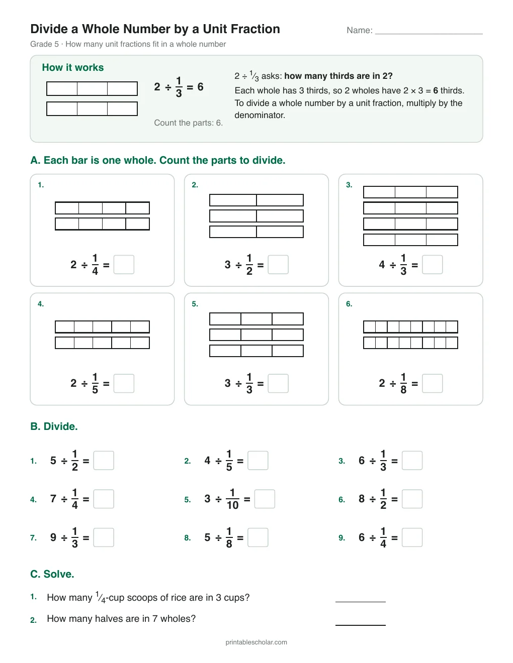 Divide a Whole Number by a Unit Fraction printable preview