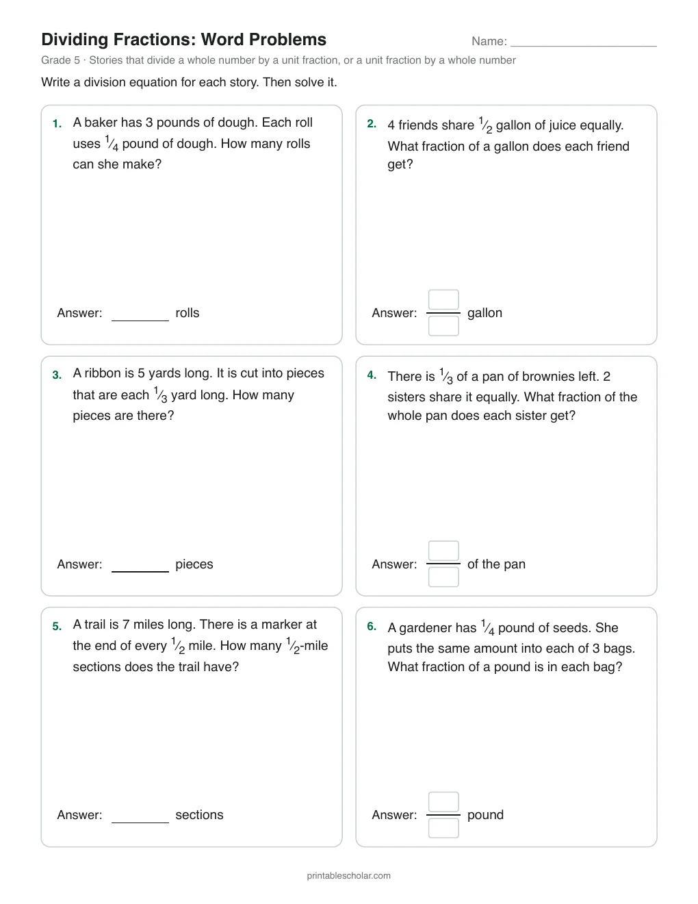 Dividing Fractions: Word Problems printable preview
