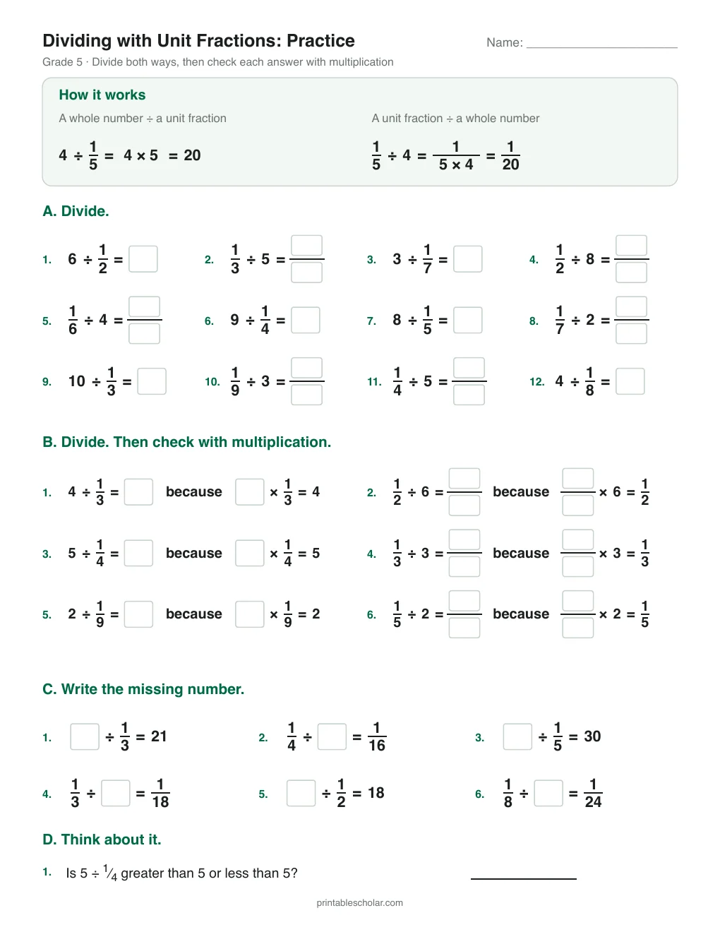 Dividing with Unit Fractions: Practice printable preview