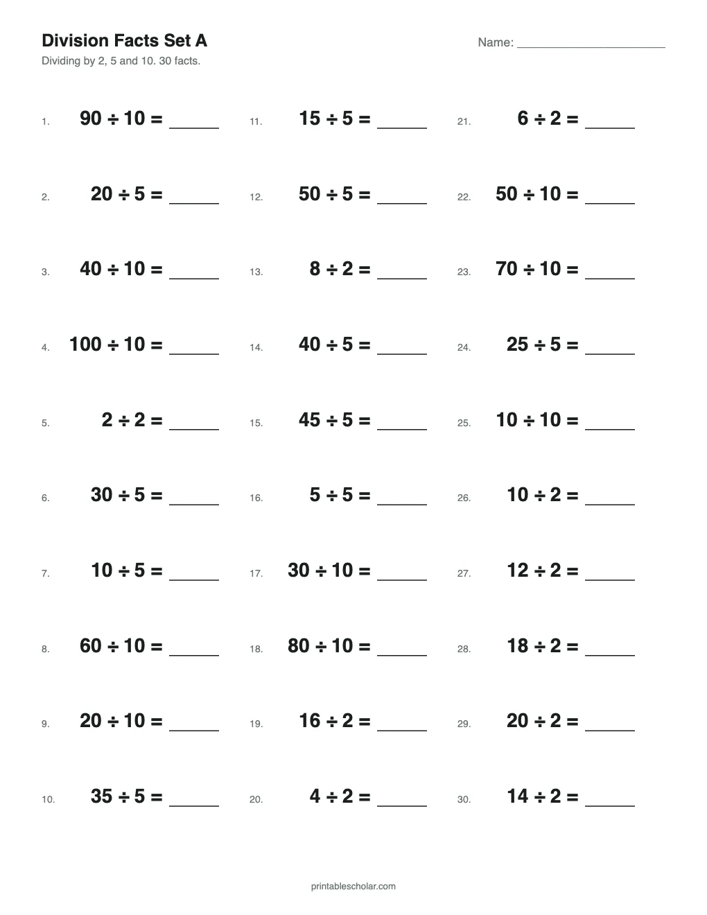 Division Facts Set A: 2s, 5s, 10s printable preview