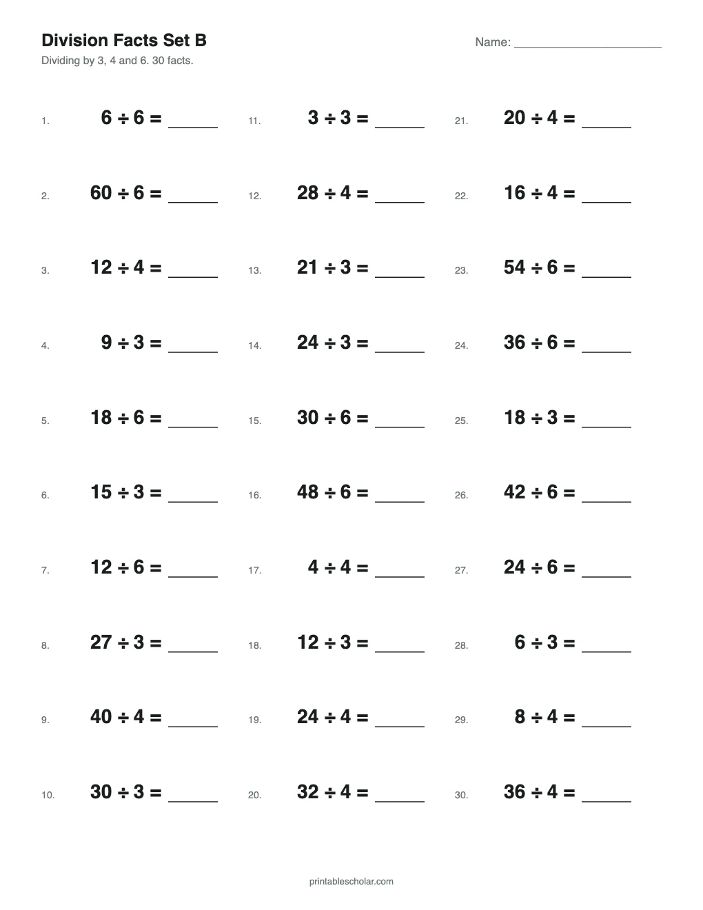 Division Facts Set B: 3s, 4s, 6s printable preview