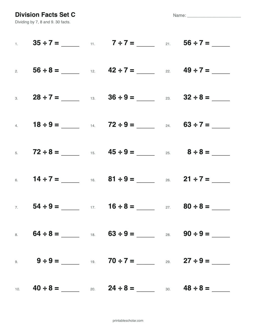 Division Facts Set C: 7s, 8s, 9s printable preview
