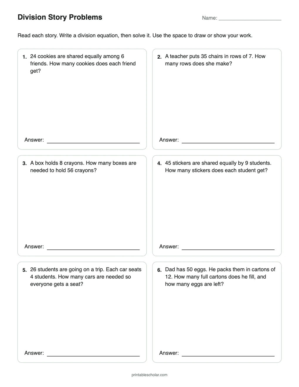 Division Story Problems printable preview