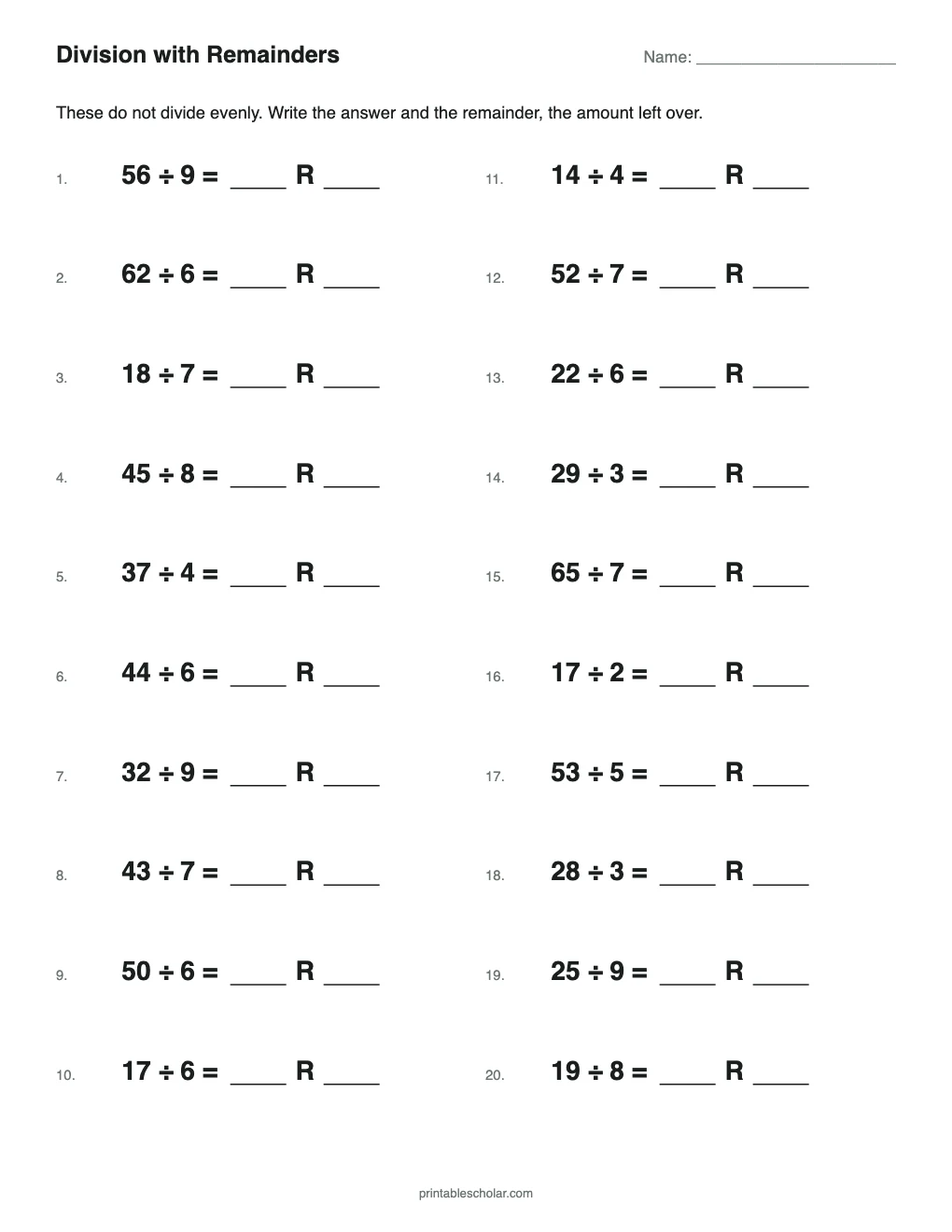 Division with Remainders printable preview