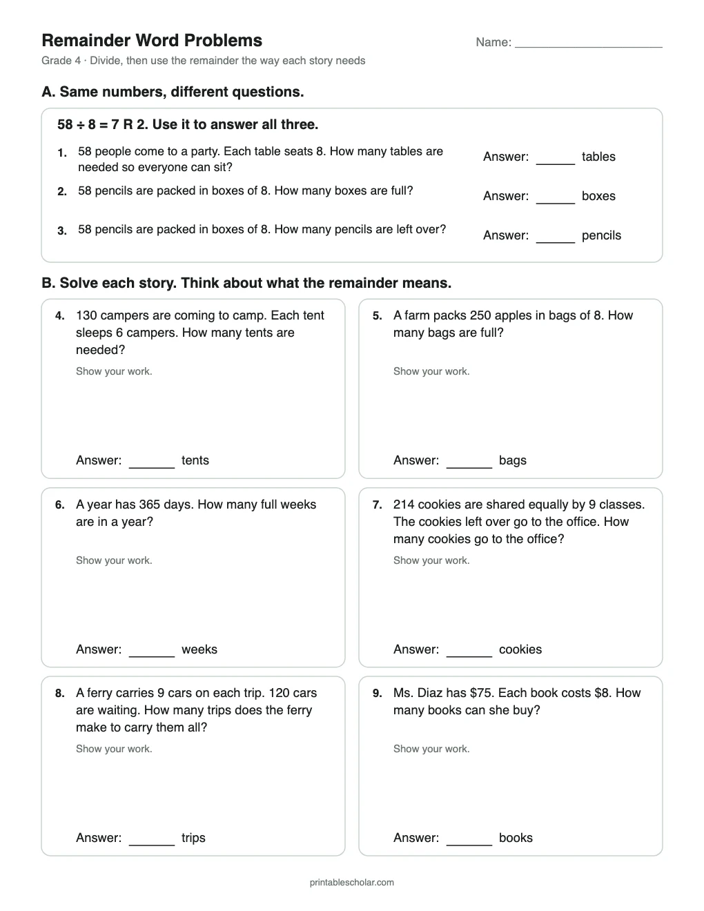 Remainder Word Problems printable preview