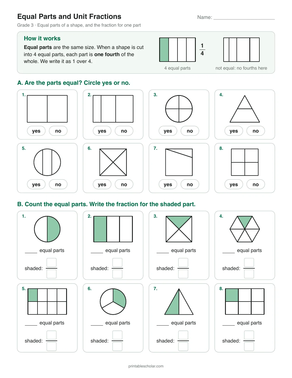 Equal Parts and Unit Fractions printable preview