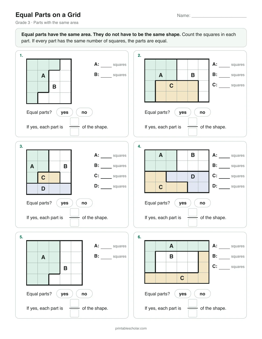 Equal Parts on a Grid printable preview