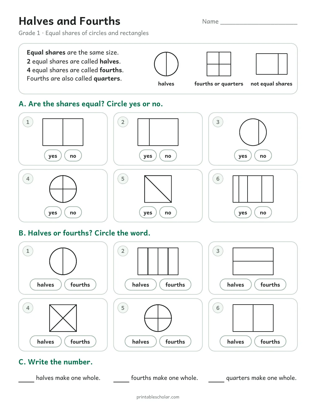 Halves and Fourths printable preview