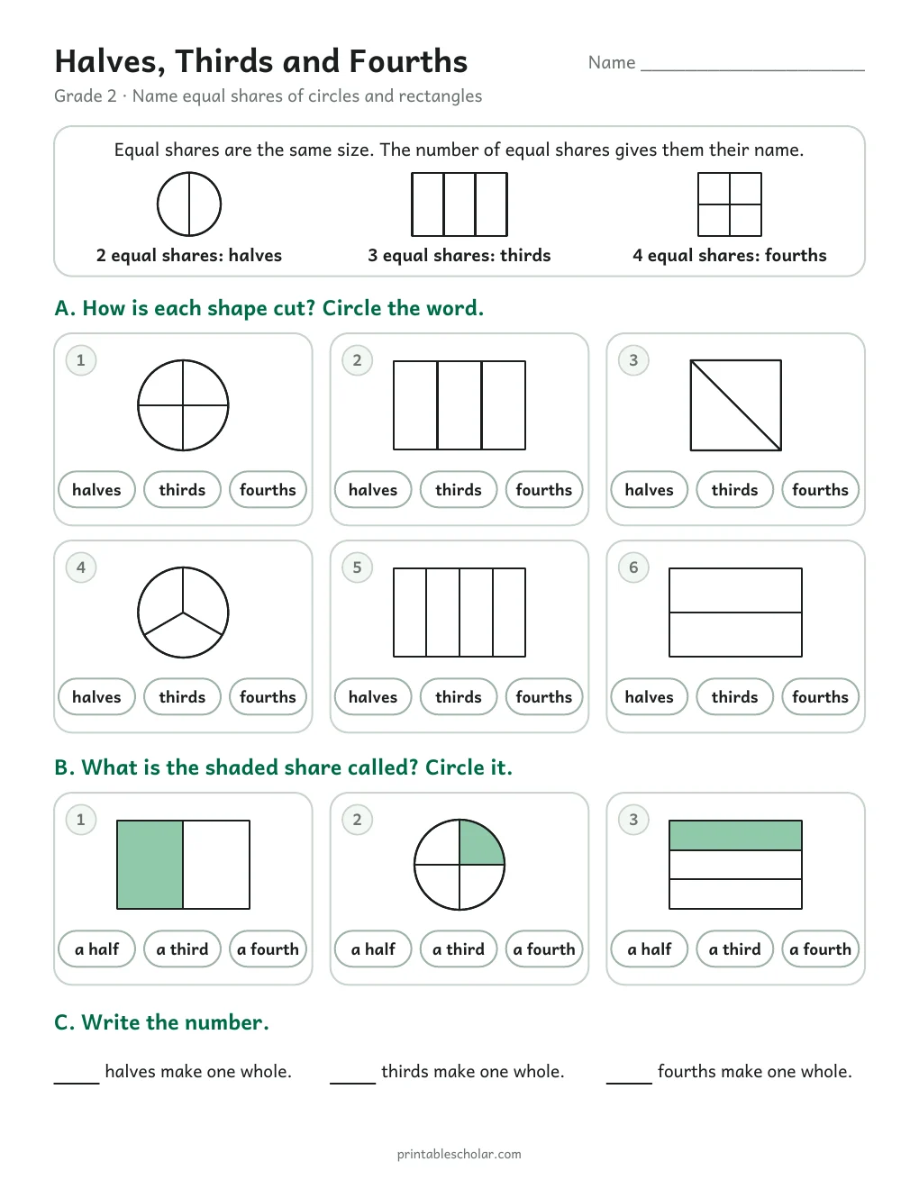 Halves, Thirds and Fourths printable preview