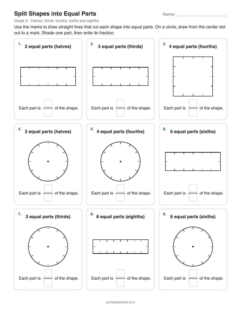 Split Shapes into Equal Parts printable preview