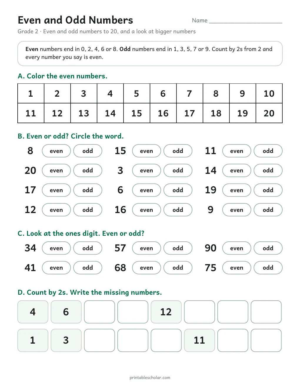 Even and Odd Numbers printable preview