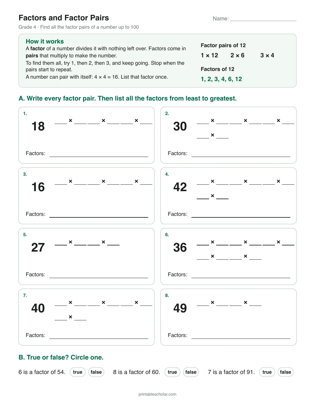 Factors and Factor Pairs printable preview