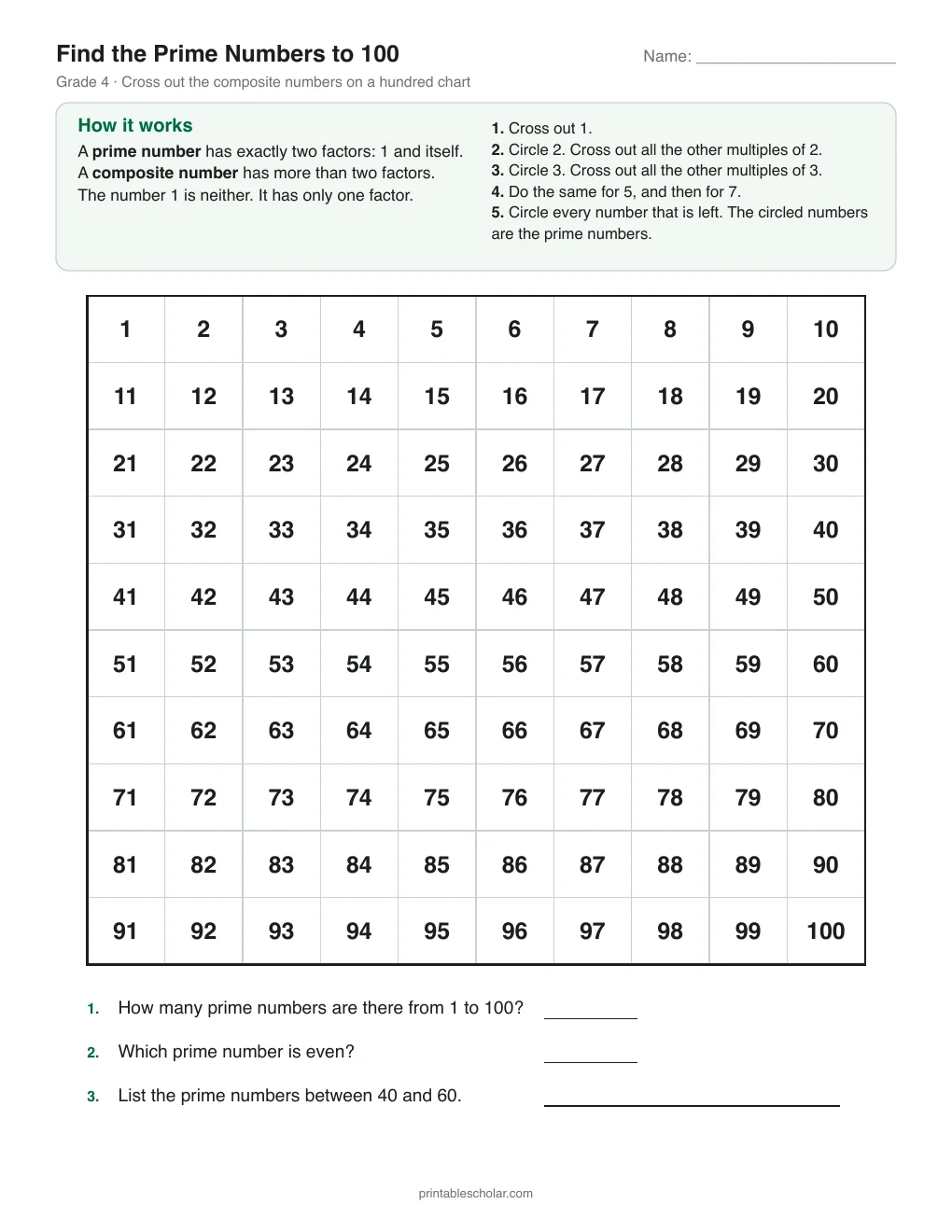 Find the Prime Numbers to 100 printable preview